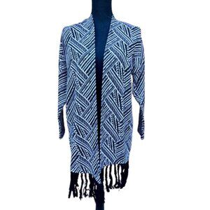 YA Los Angeles Fringed Knit Cardigan Sweater Black Cream Chevron Open Front